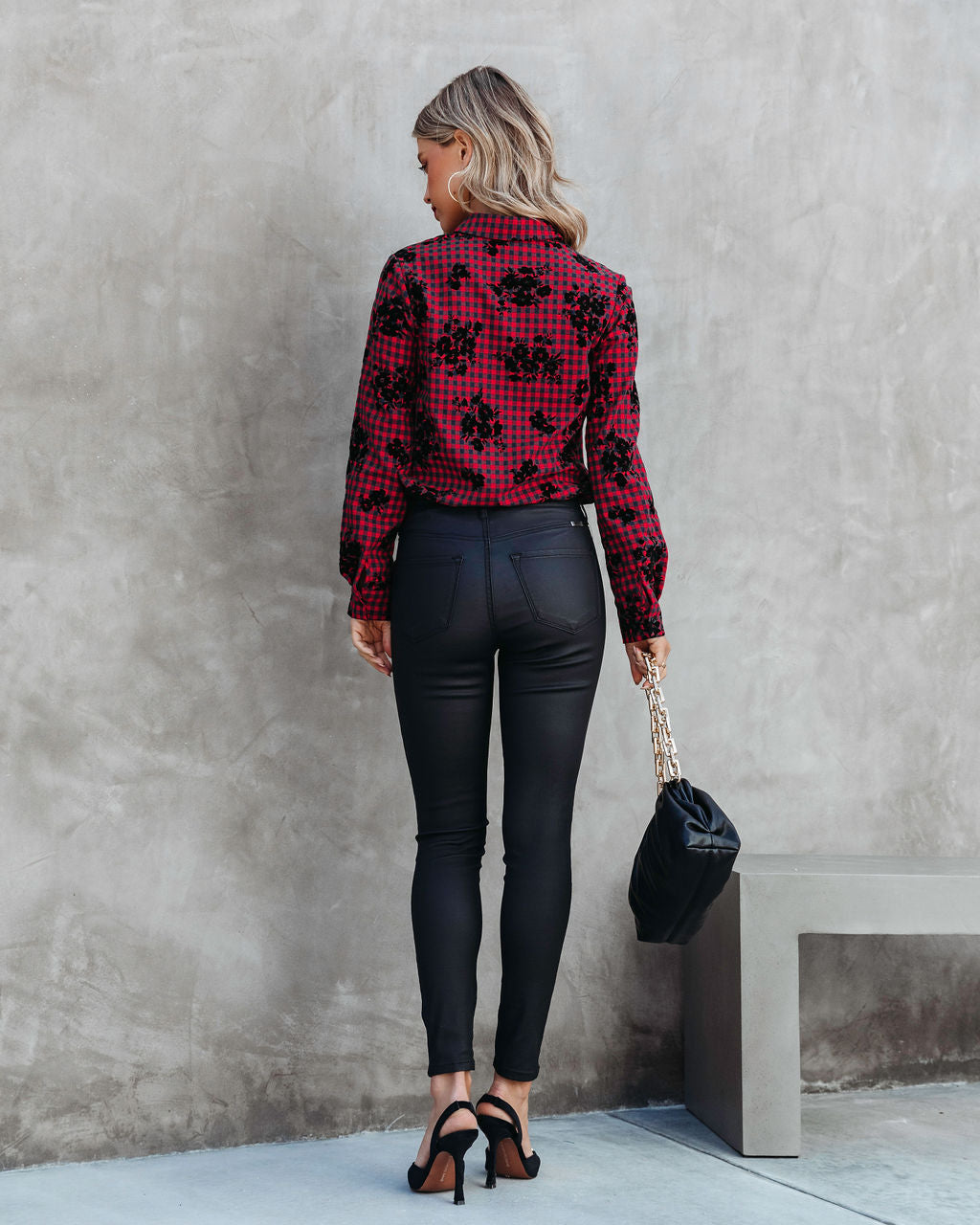 Courtney Checkered Floral Button Down Top - Red