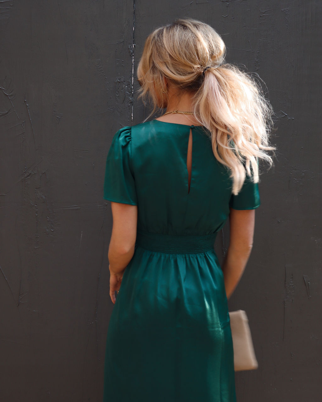 Anngie Satin Slit Midi Dress - Pine