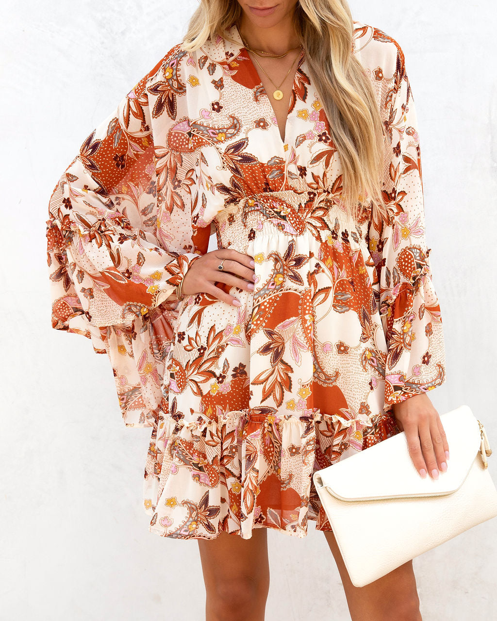 Upon The Harvest Floral Bell Sleeve Mini Dress - SALE