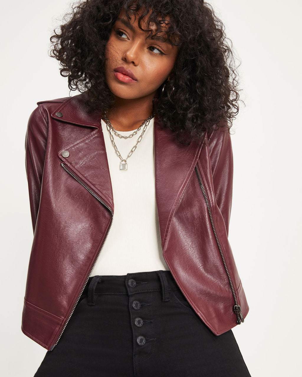 Jingle Bell Rock Pocketed Faux Leather Biker Jacket - Wine