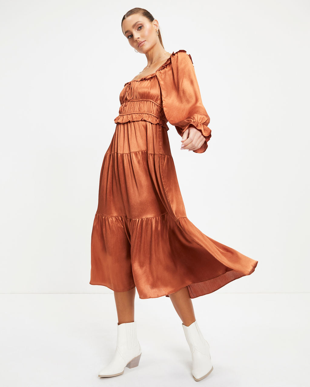 Thousand Words Satin Tiered Ruffle Midi Dress - Rust