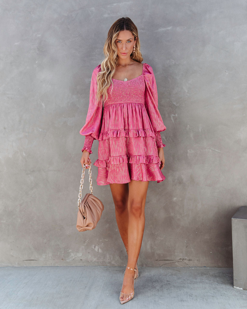 Shine On Metallic Tiered Babydoll Dress - Rose - SALE