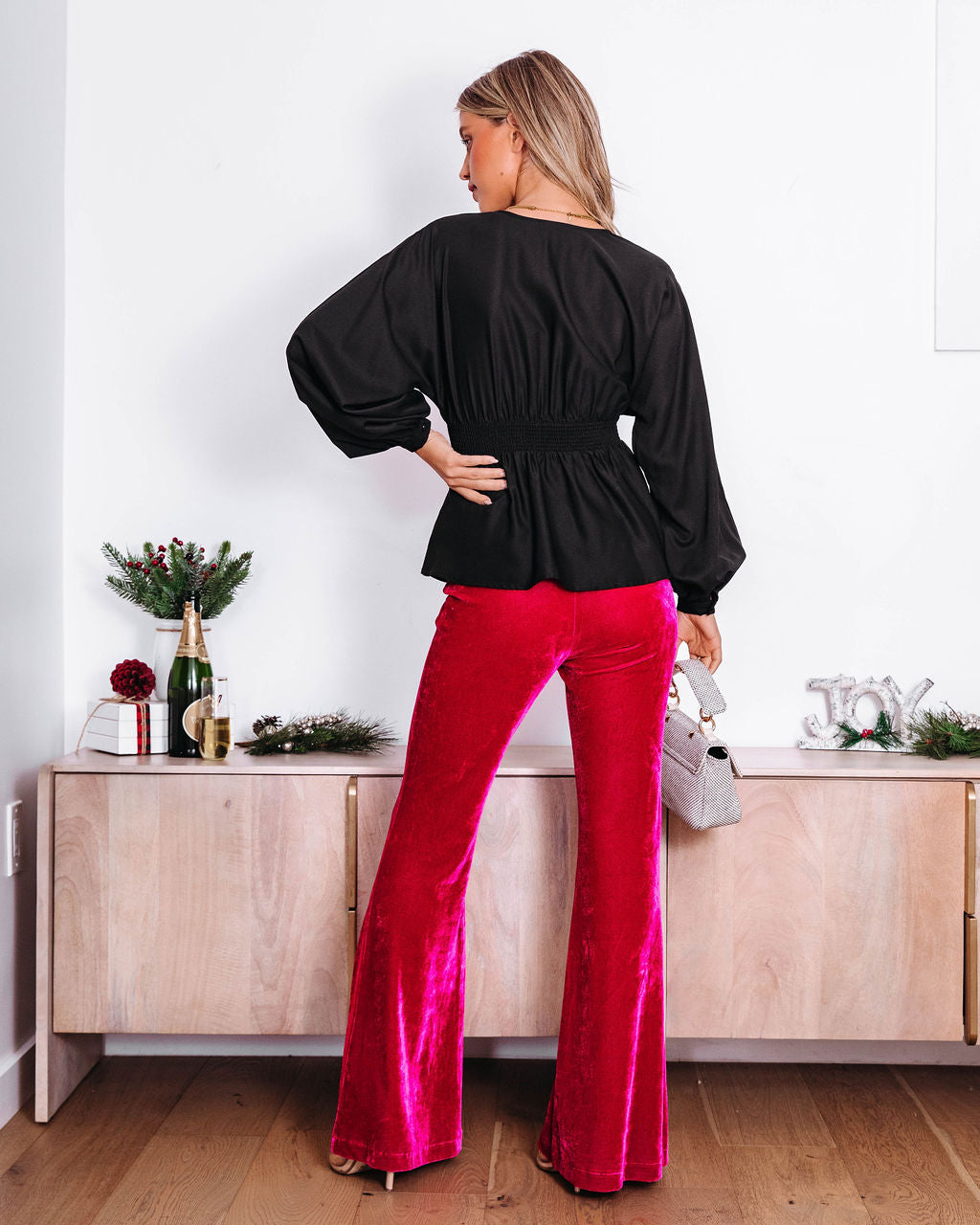 Gianna Plunge Neck Long Sleeve Top - Black