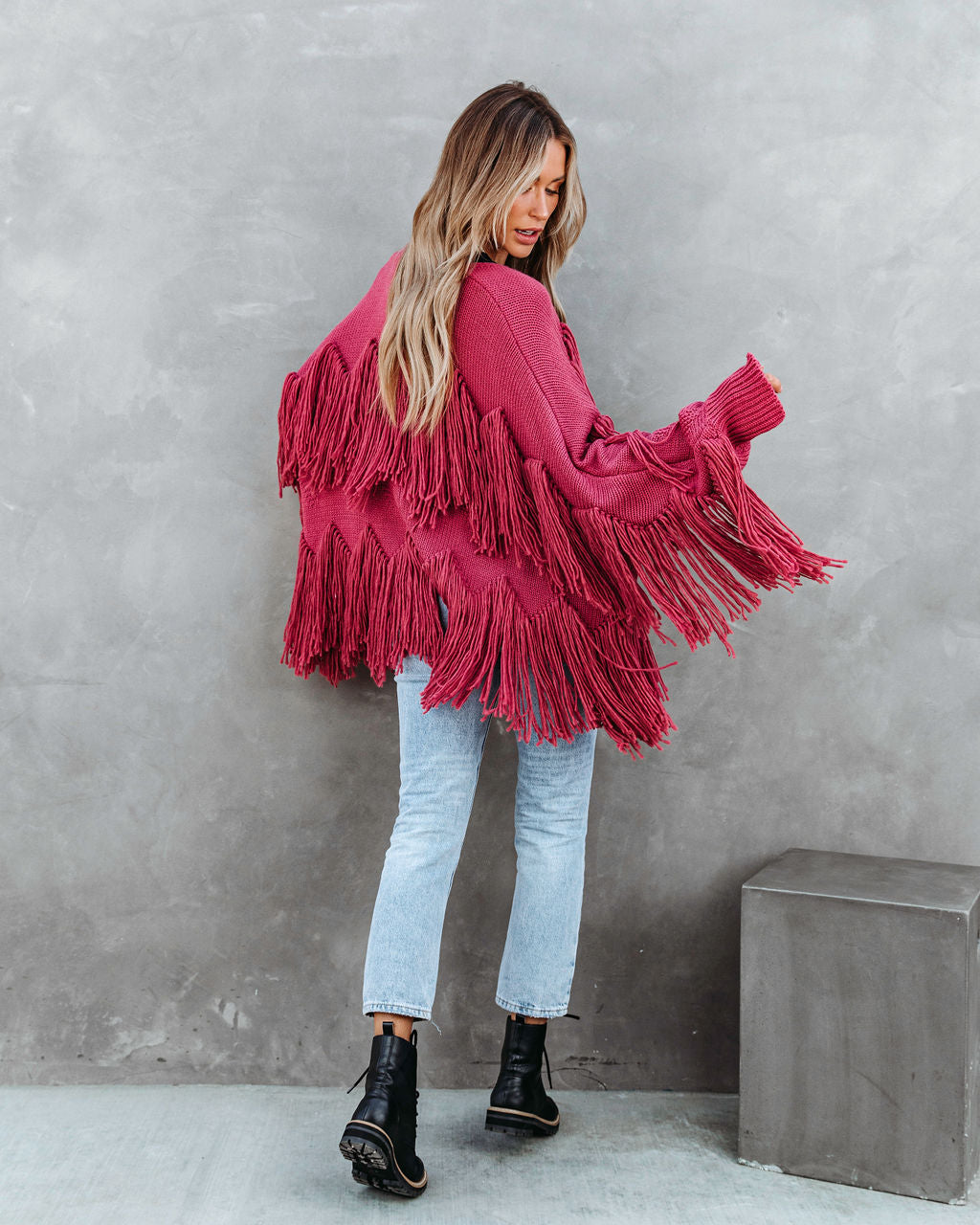 Spruce Fringe Knit Cardigan - Rose