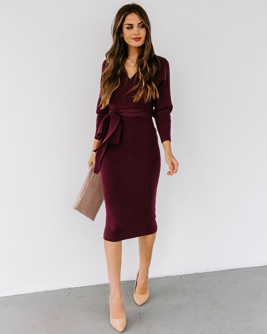 Yara Drape Knit Midi Sweater Dress - Plum