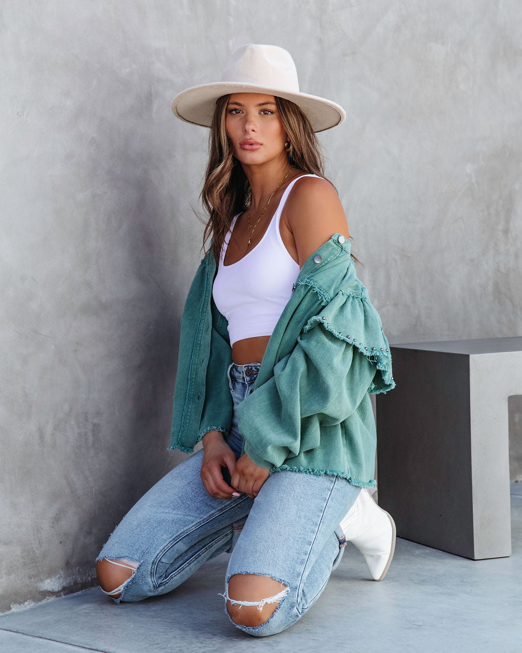 Darcey Denim Studded Frayed Lightweight Jacket - Jade Green - SALE