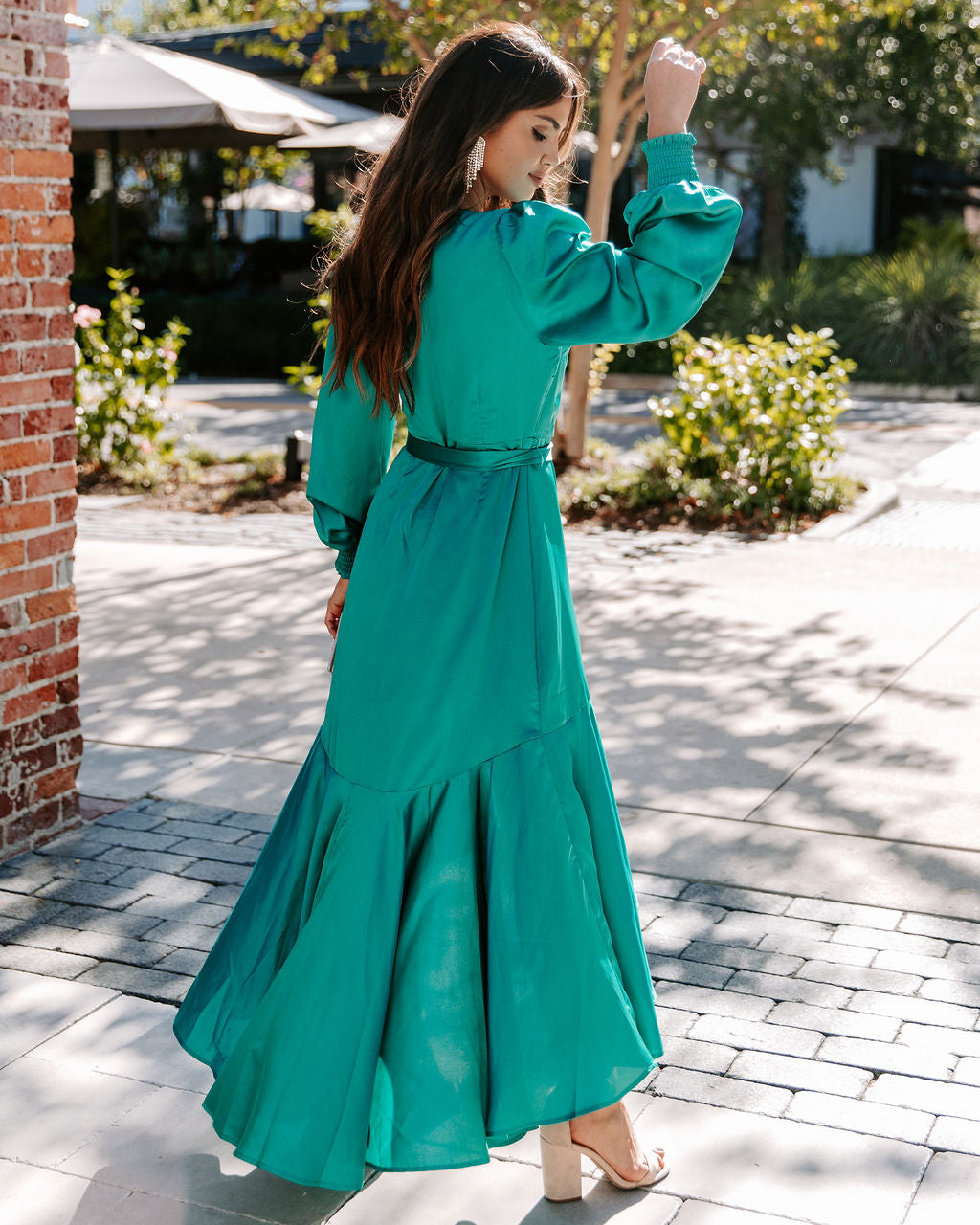 Irresistible Desire Satin Ruffle Maxi Dress - Emerald