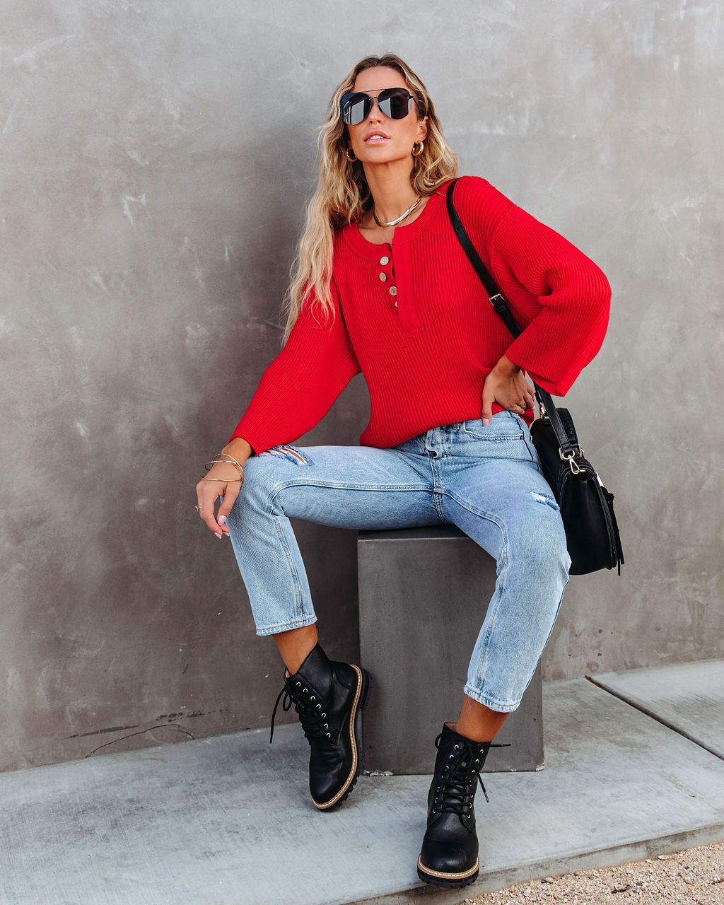 Shawn Ribbed Henley Top - Red - SALE