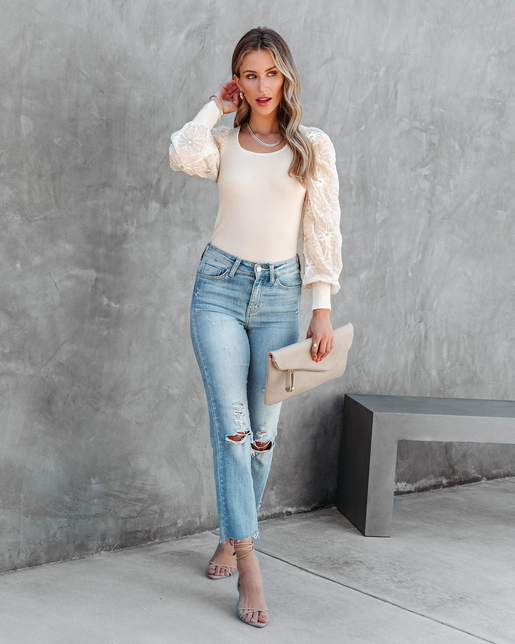 Everything Nice Floral Embroidered Contrast Top - Ivory