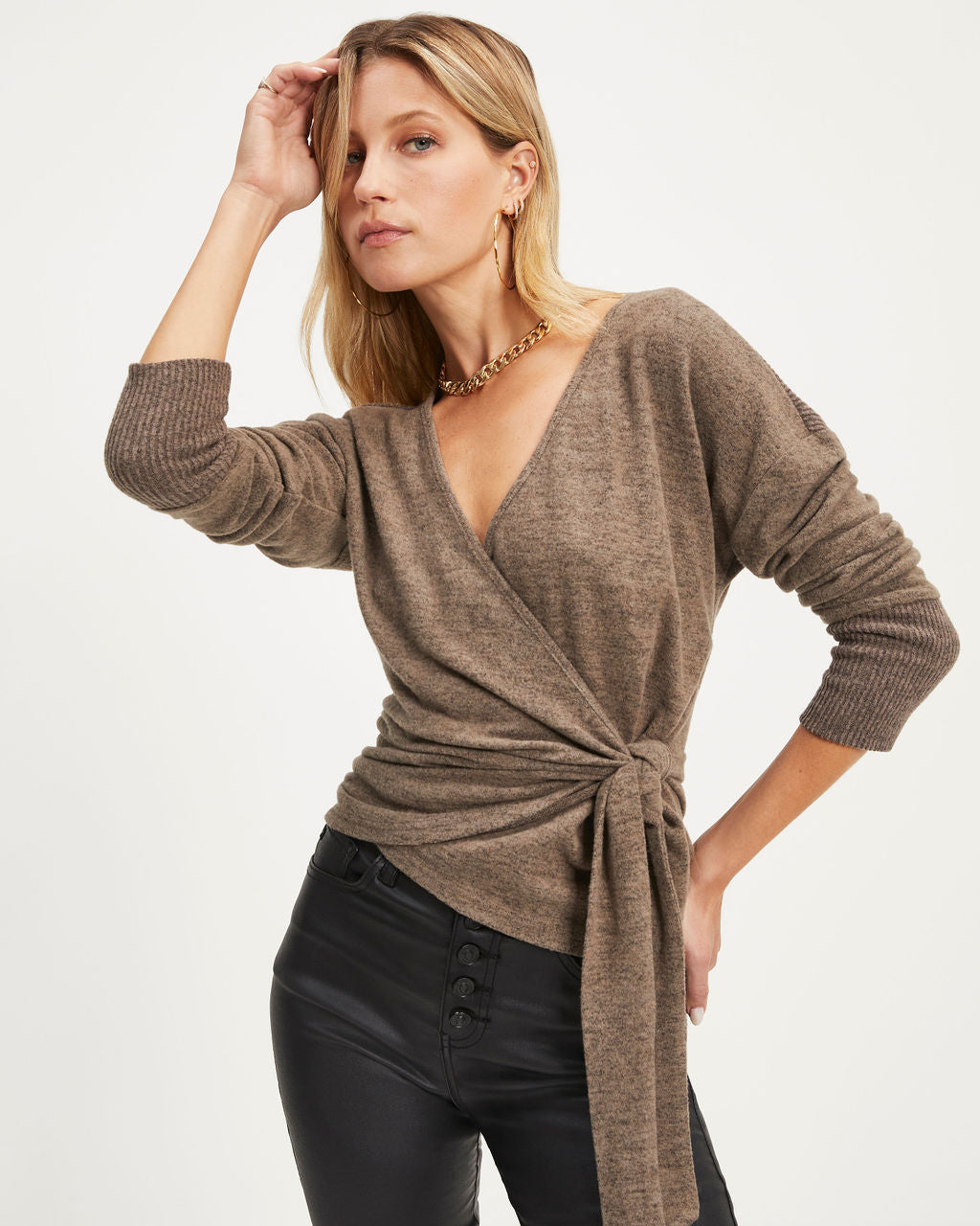 Baby It's Cold Knit Wrap Long Sleeve Top - Taupe