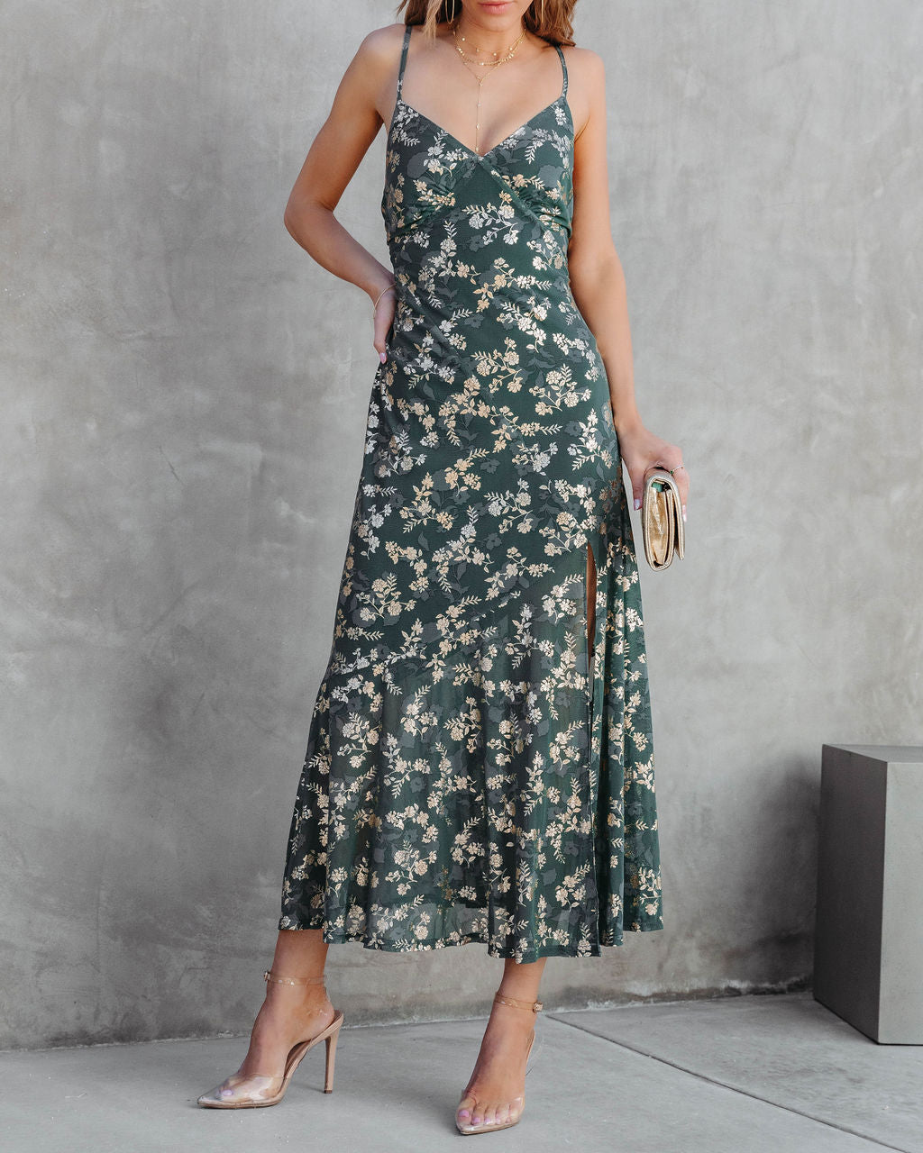 Earned It Floral Metallic Slit Maxi Dress - Green