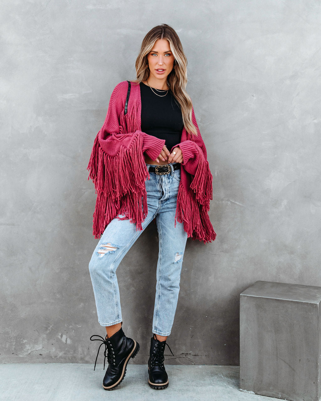 Spruce Fringe Knit Cardigan - Rose