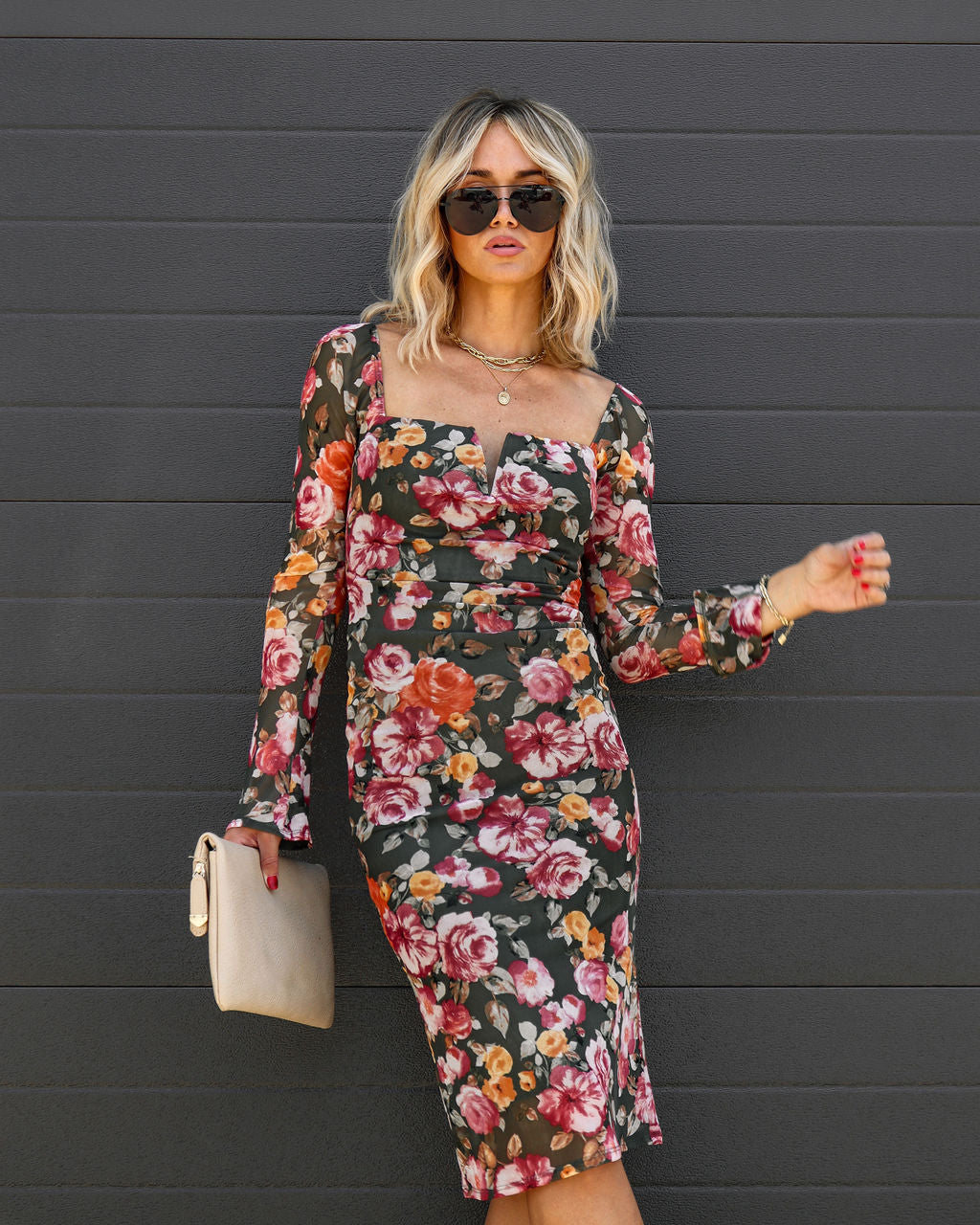 Maureen Floral Sheer Sleeve Midi Dress
