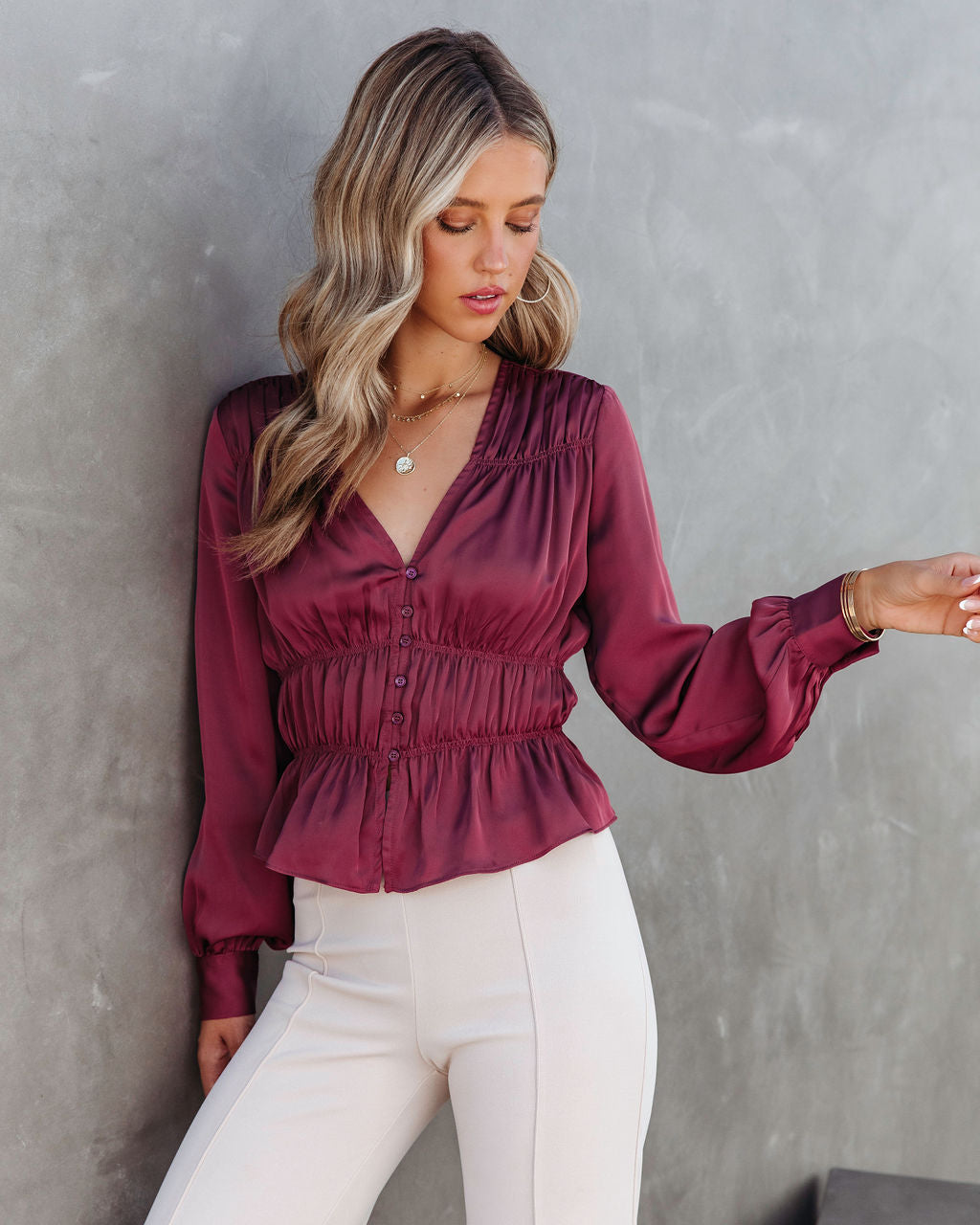 Capulet Satin Smocked Long Sleeve Top - Mauve