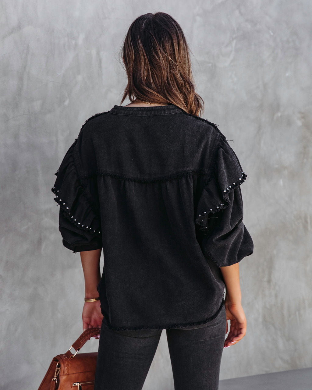 Darcey Denim Studded Frayed Lightweight Jacket - Black - SALE