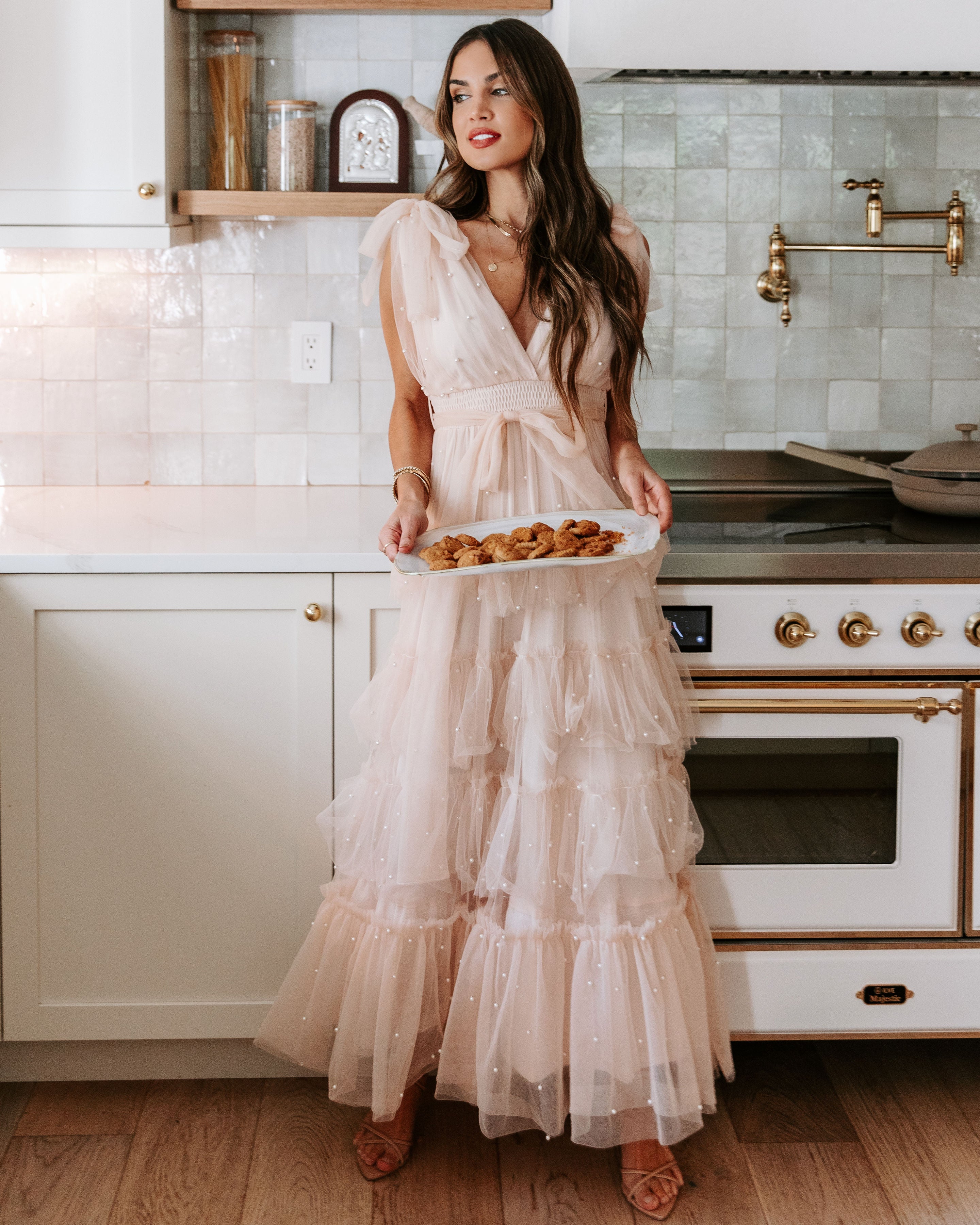 Under The Eiffel Tower Tulle Pearl Tiered Maxi Dress - Blush