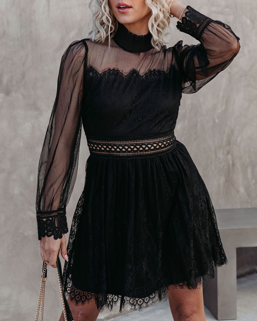 Waldorf Sheer Lace Mini Dress - Black