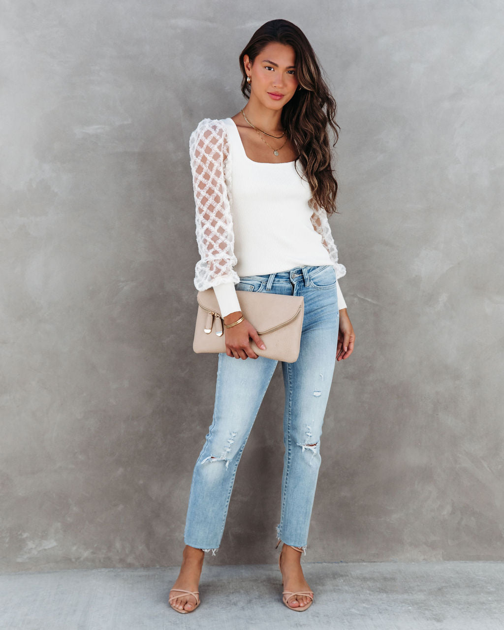 Super Fabulous Ribbed Tulle Contrast Top - Ivory - SALE