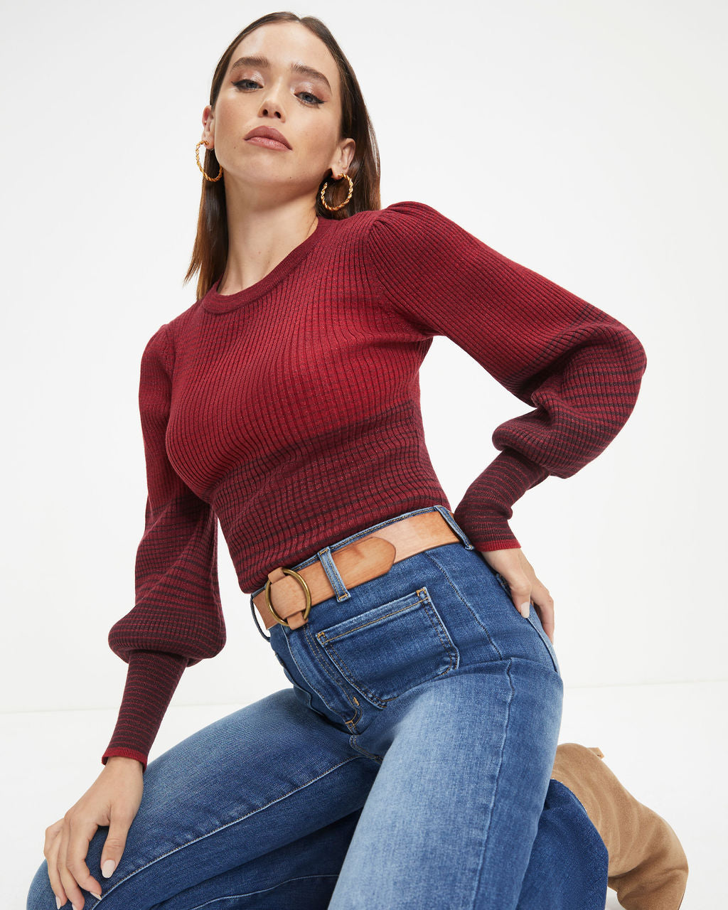 Fall Sunsets Ribbed Balloon Sleeve Pullover Sweater - Wine - FINAL SALE