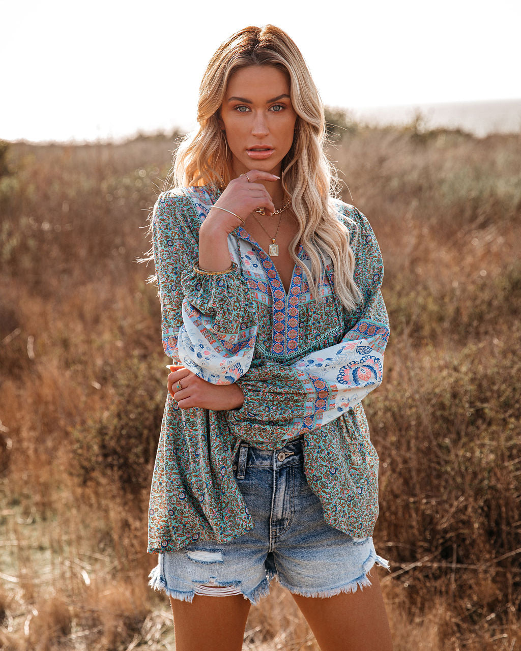 Deep Water Floral Tassel Top