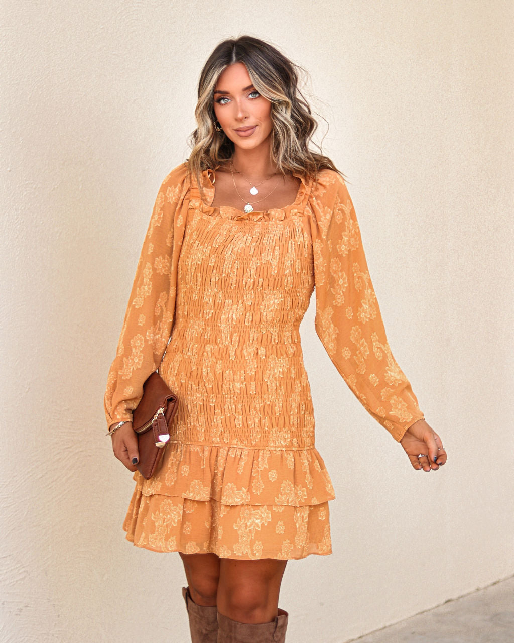 Claudine Floral Smocked Mini Dress - Dusty Marigold