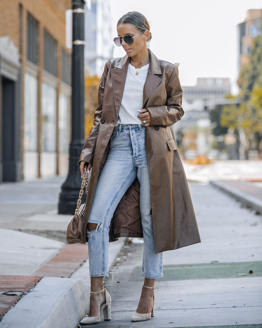 Top Of The Press Pocketed Faux Leather Trench Coat - Chestnut