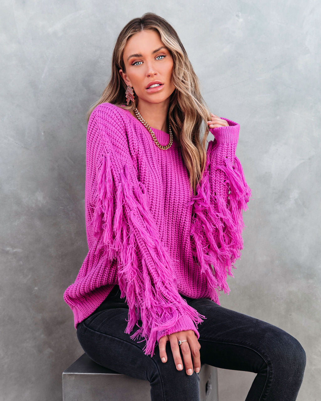 Gabriella Knit Fringe Pullover Sweater- Magenta