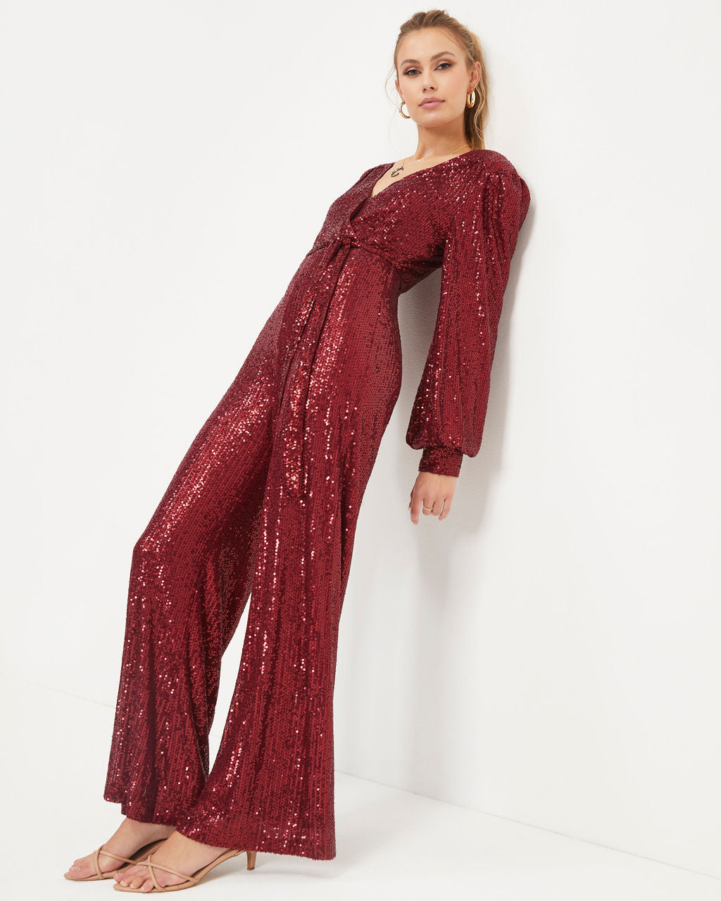 Whole New World Sequin Front Tie Jumpsuit - Burgundy