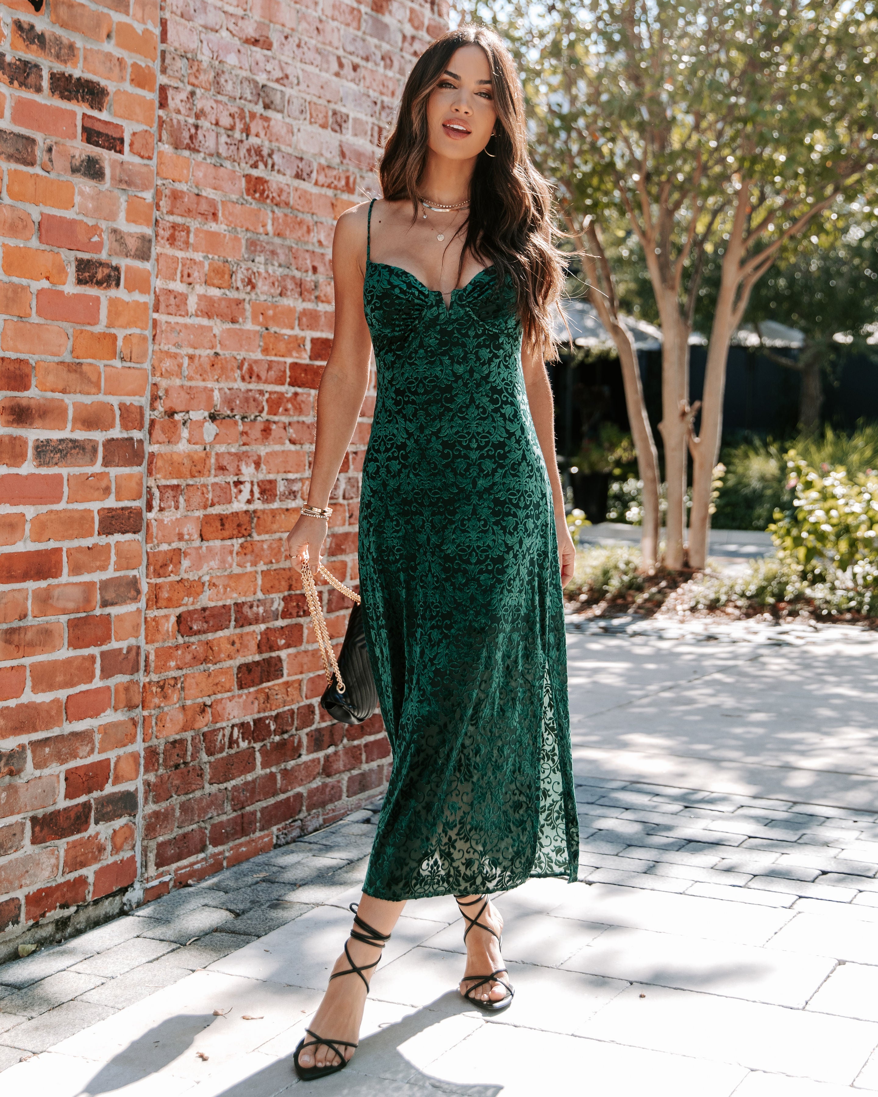 Keeping Secrets Floral Velvet Side Slit Midi Dress - Pine