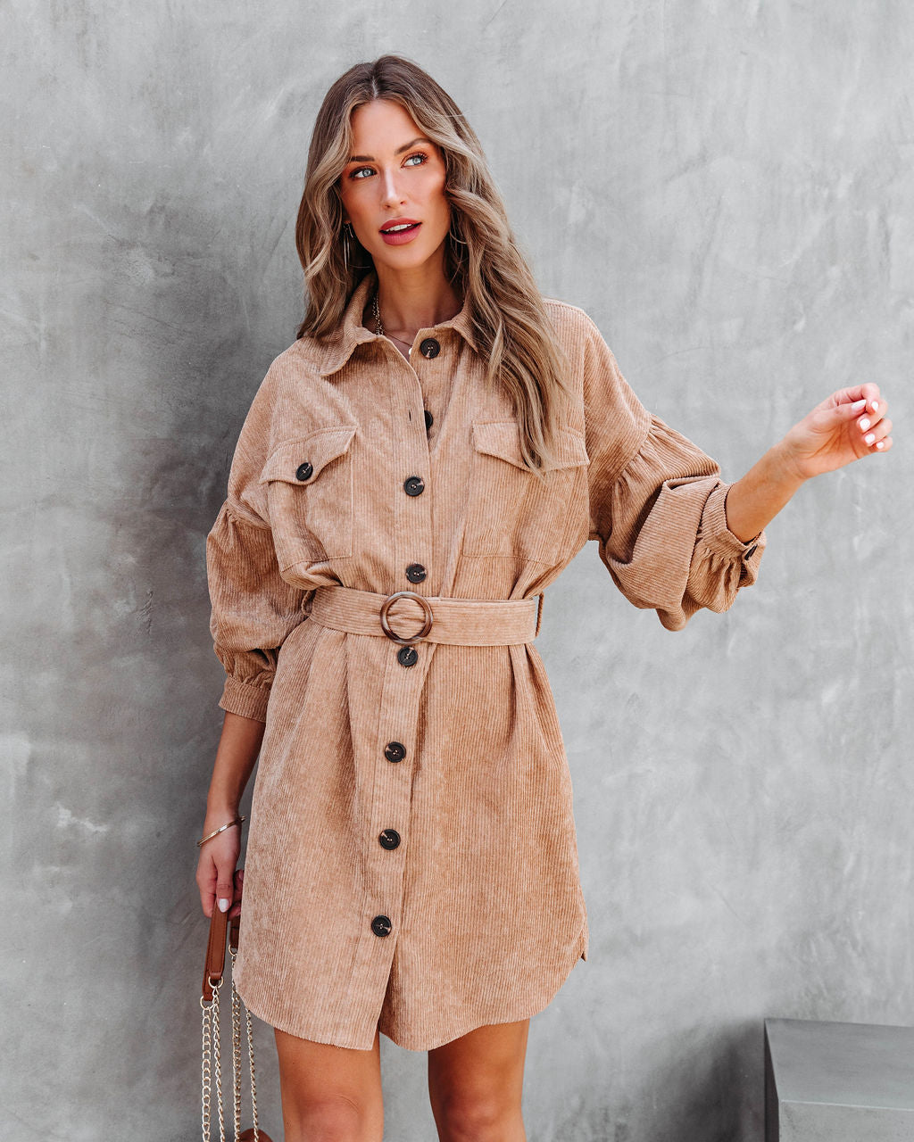 Glimpse Of Autumn Corduroy Belted Mini Dress - Camel
