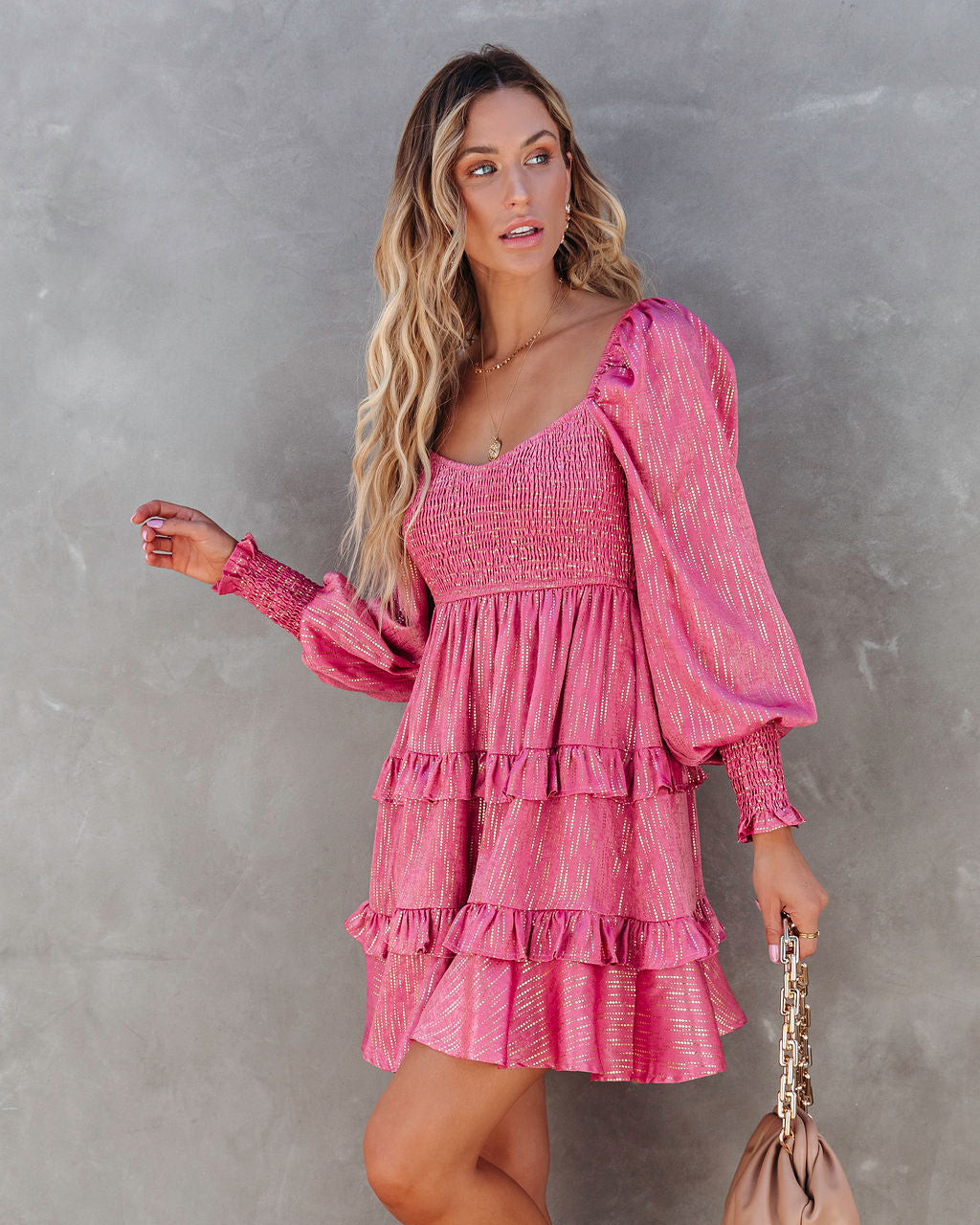Shine On Metallic Tiered Babydoll Dress - Rose - SALE