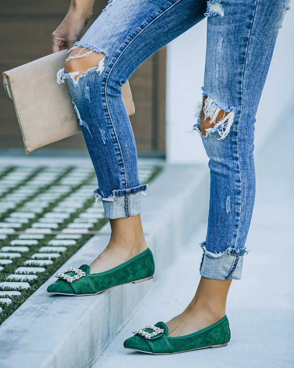 Vanderpump Embellished Faux Suede Flats - Emerald