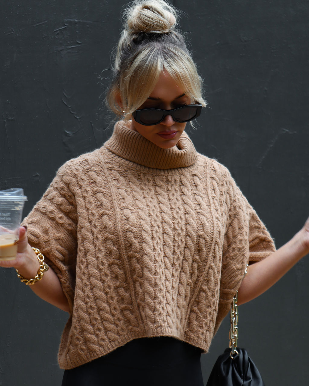 Adalynn Cable Knit Turtleneck Sweater Vest - Camel