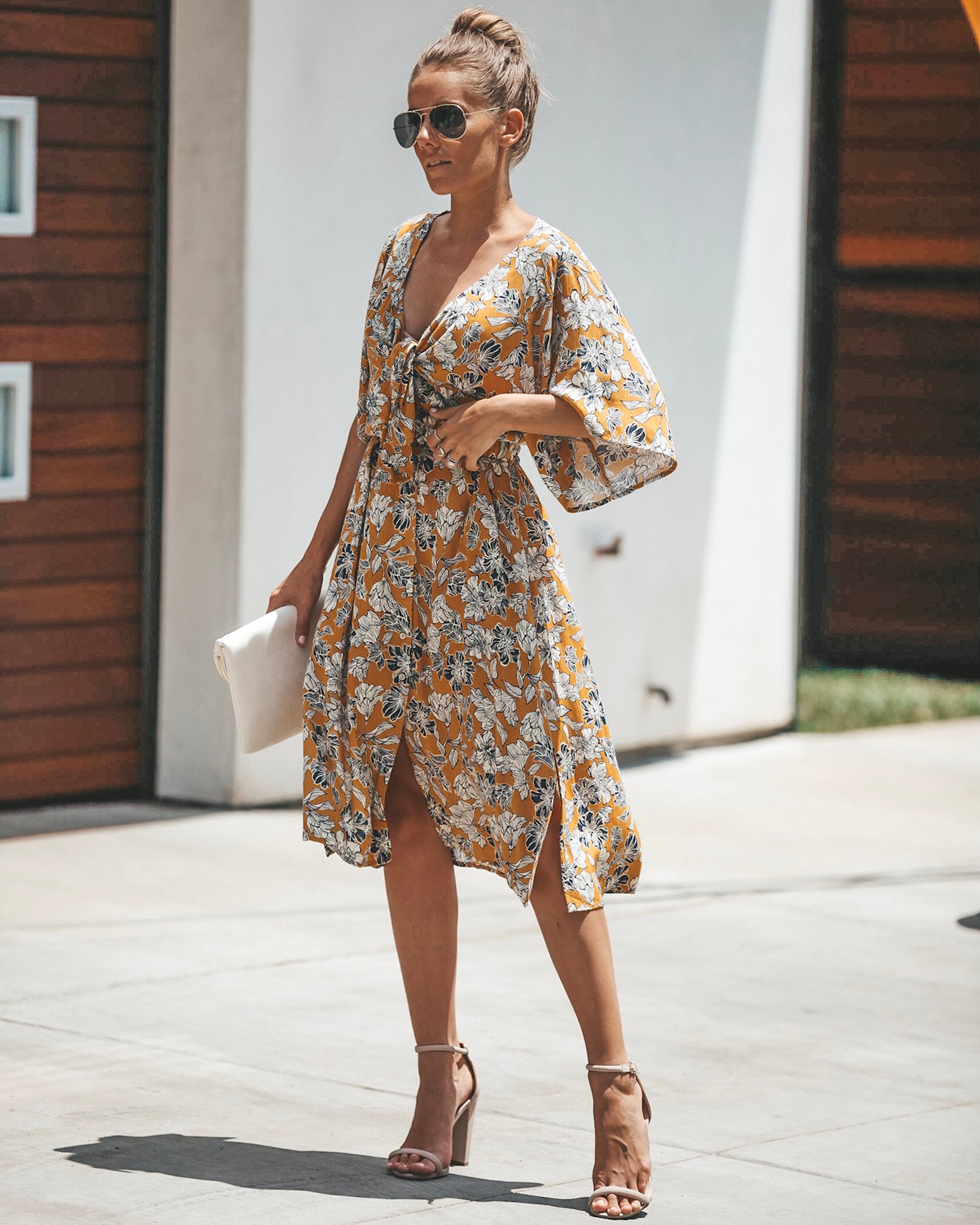 Jaune Floral Knot Front Midi Dress