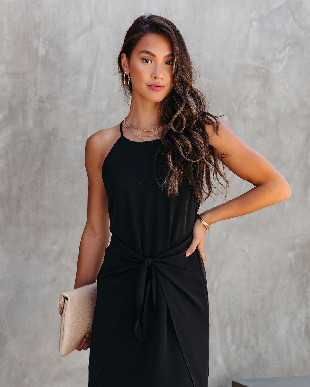Londyn Front Tie Midi Dress - Black