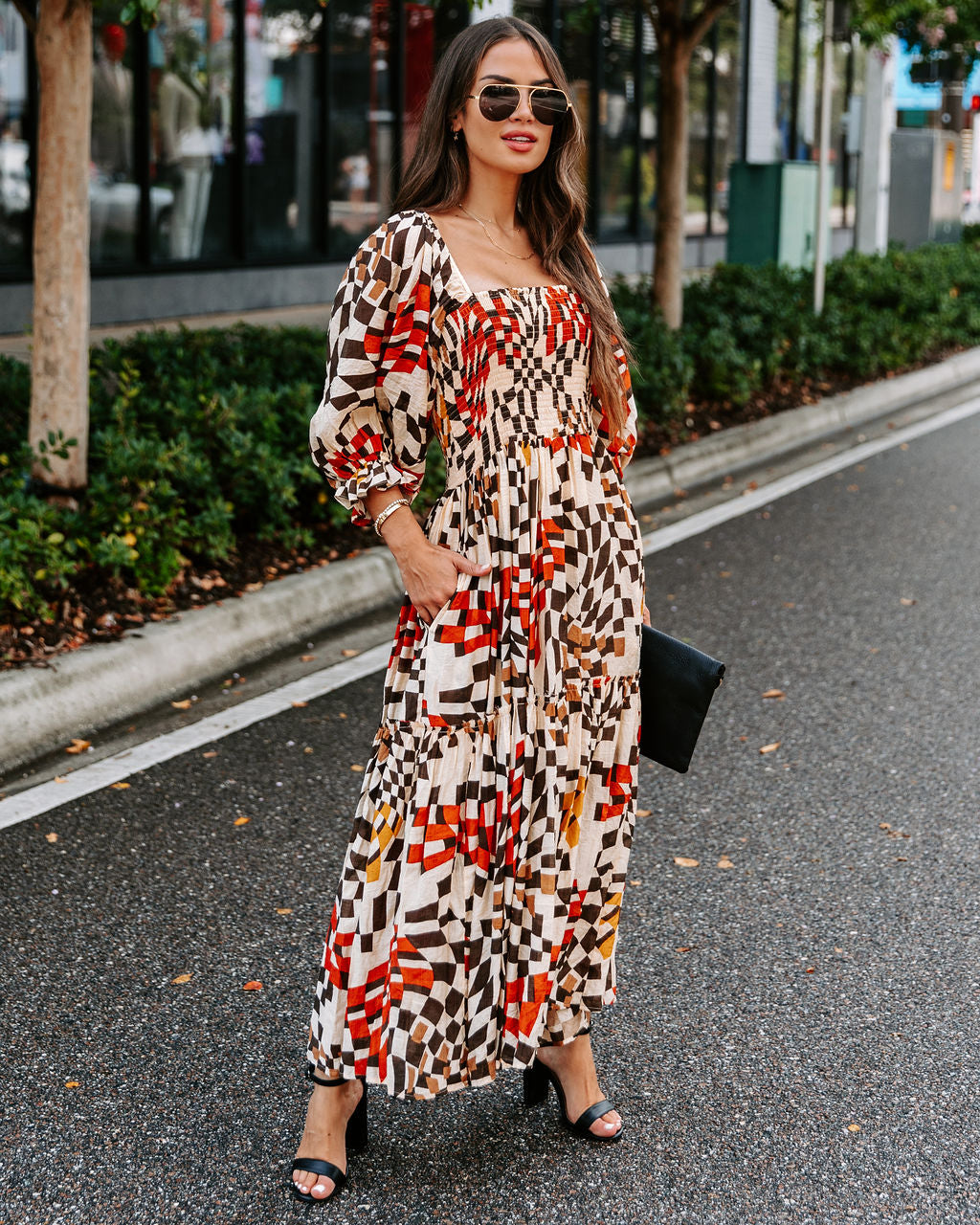 Faye Printed Pocketed Smocked Midi Dress