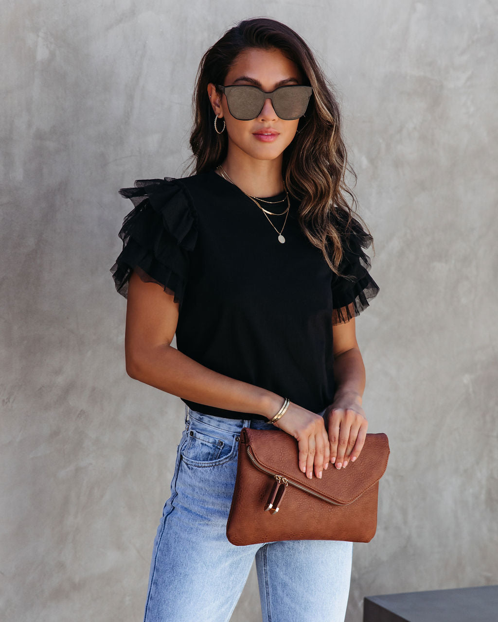 Carey Tulle Puff Sleeve Top - Black