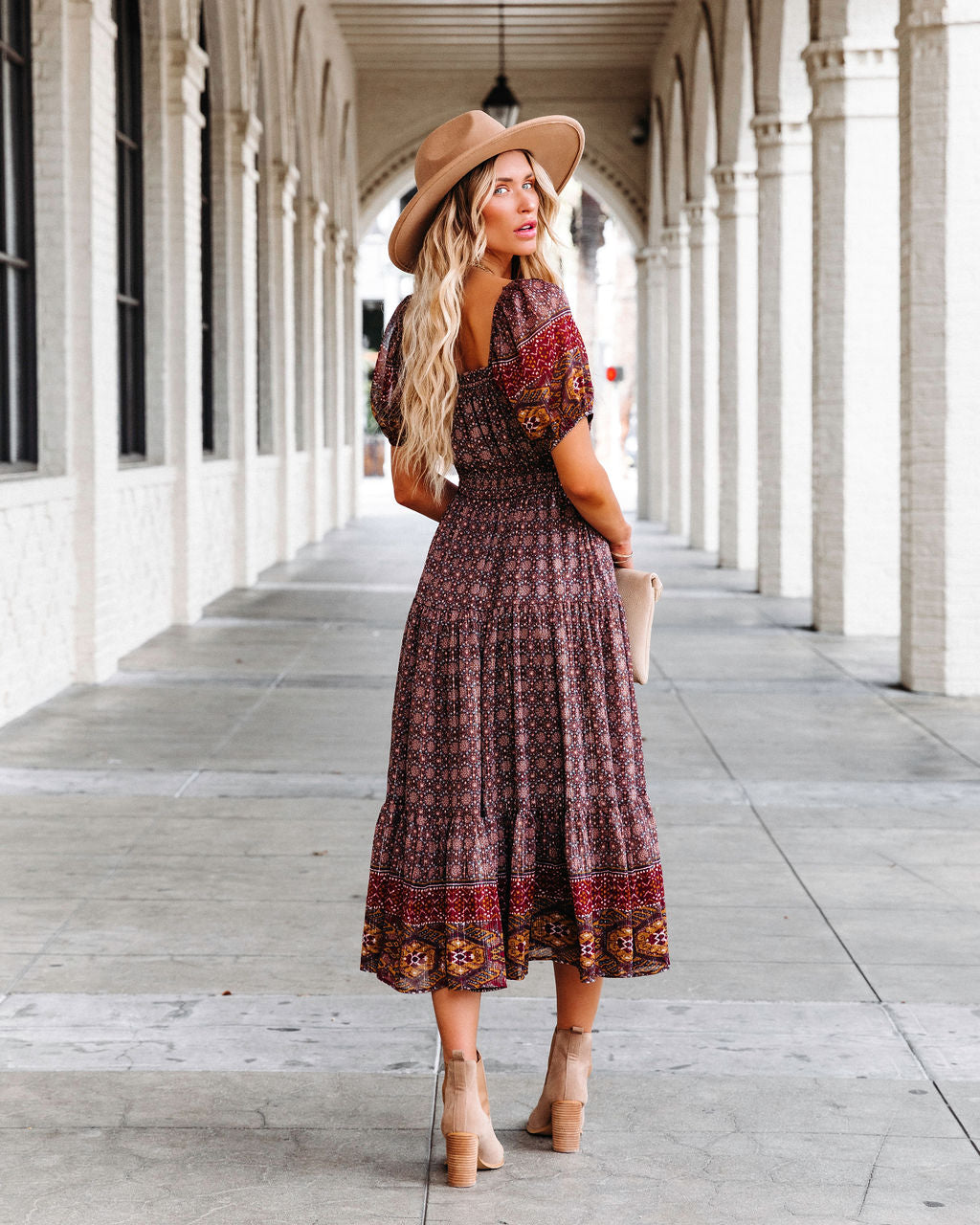 Harvest Moon Printed Tiered Puff Sleeve Midi Dress