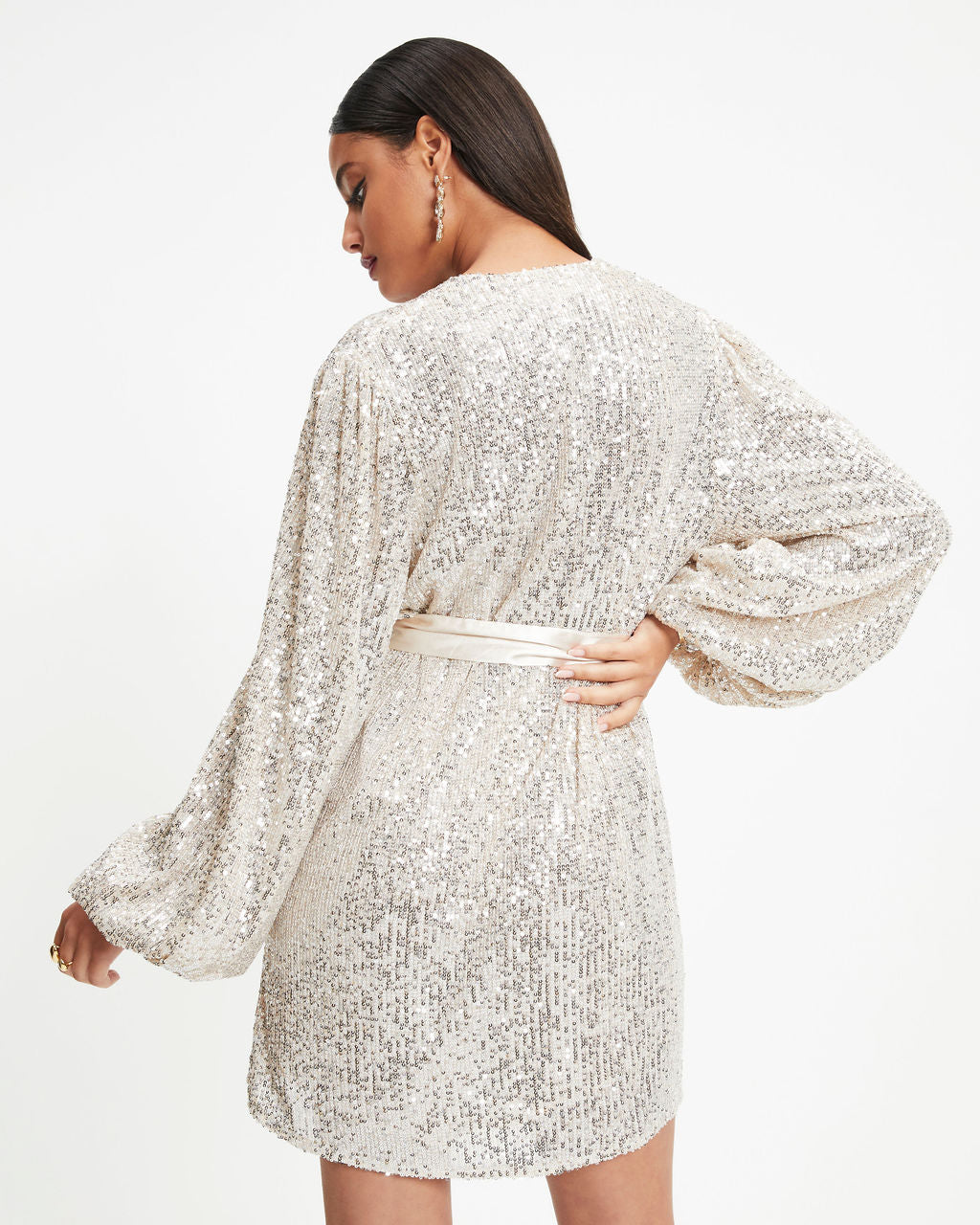 Leave A Little Sparkle Wrap Mini Dress - Champagne