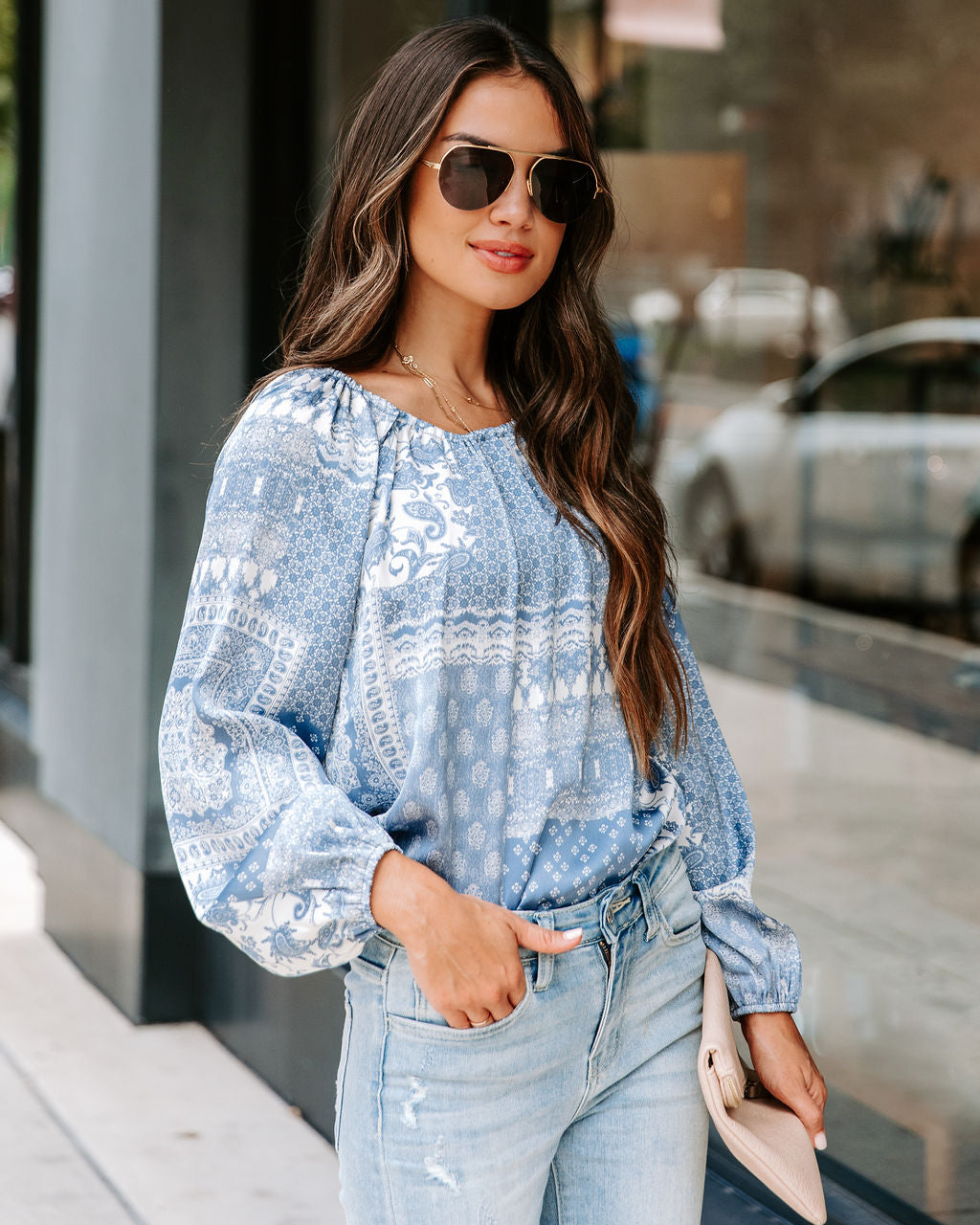 Donna Printed Cutout Top - Ash Blue - FINAL SALE
