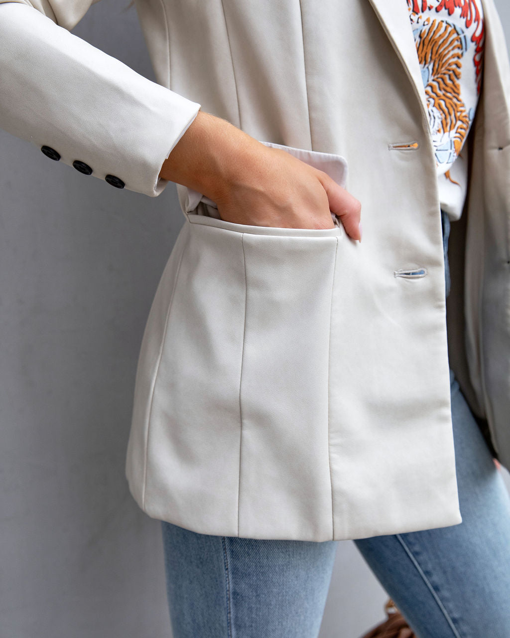 Fashion Affairs Faux Leather Blazer - Bone - FINAL SALE