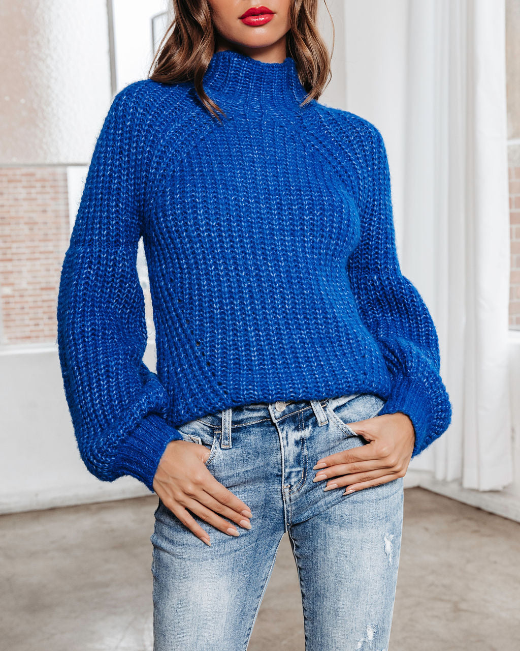 Joanne Knit Mock Neck Pullover Sweater - Cobalt