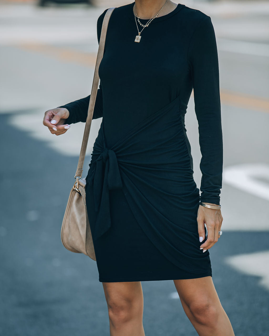 Ayda Drape Front Tie Mini Dress - Black - SALE