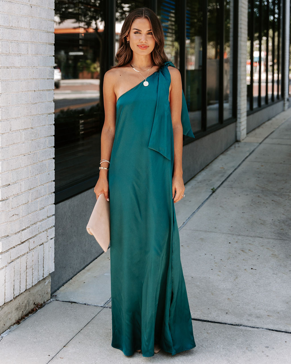 Invite Only Satin One Shoulder Maxi Dress - Dark Green