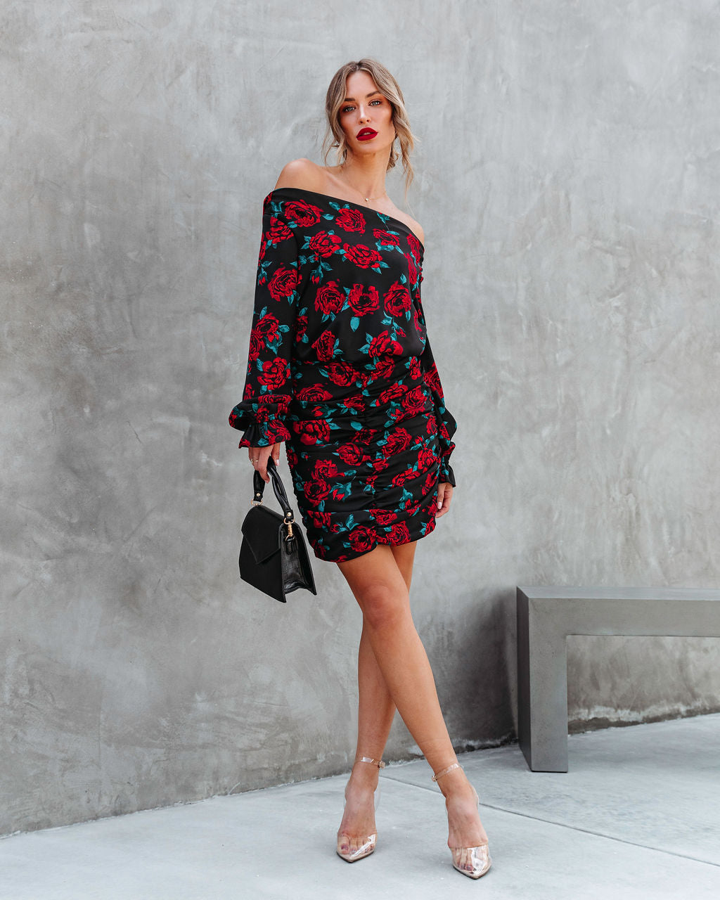 Barcelona Floral Ruched Cowl Neck Mini Dress