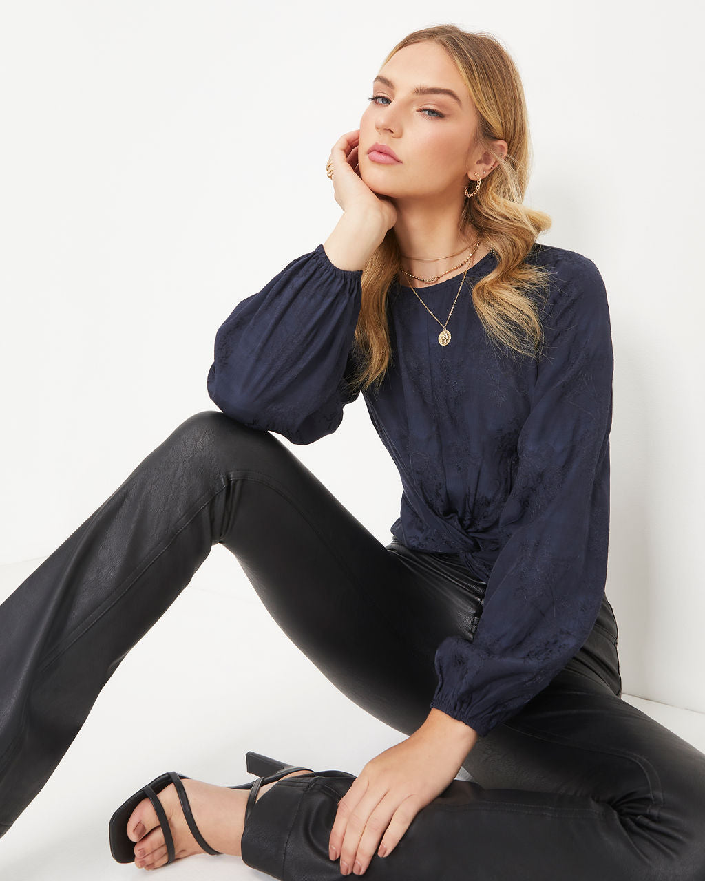 Lynn Floral Embossed Front Twist Top - Navy