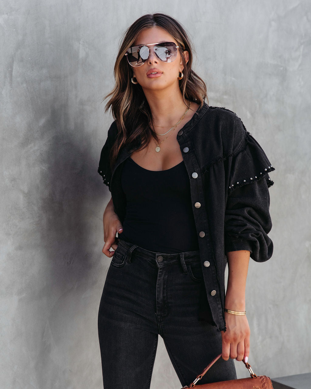 Darcey Denim Studded Frayed Lightweight Jacket - Black - SALE