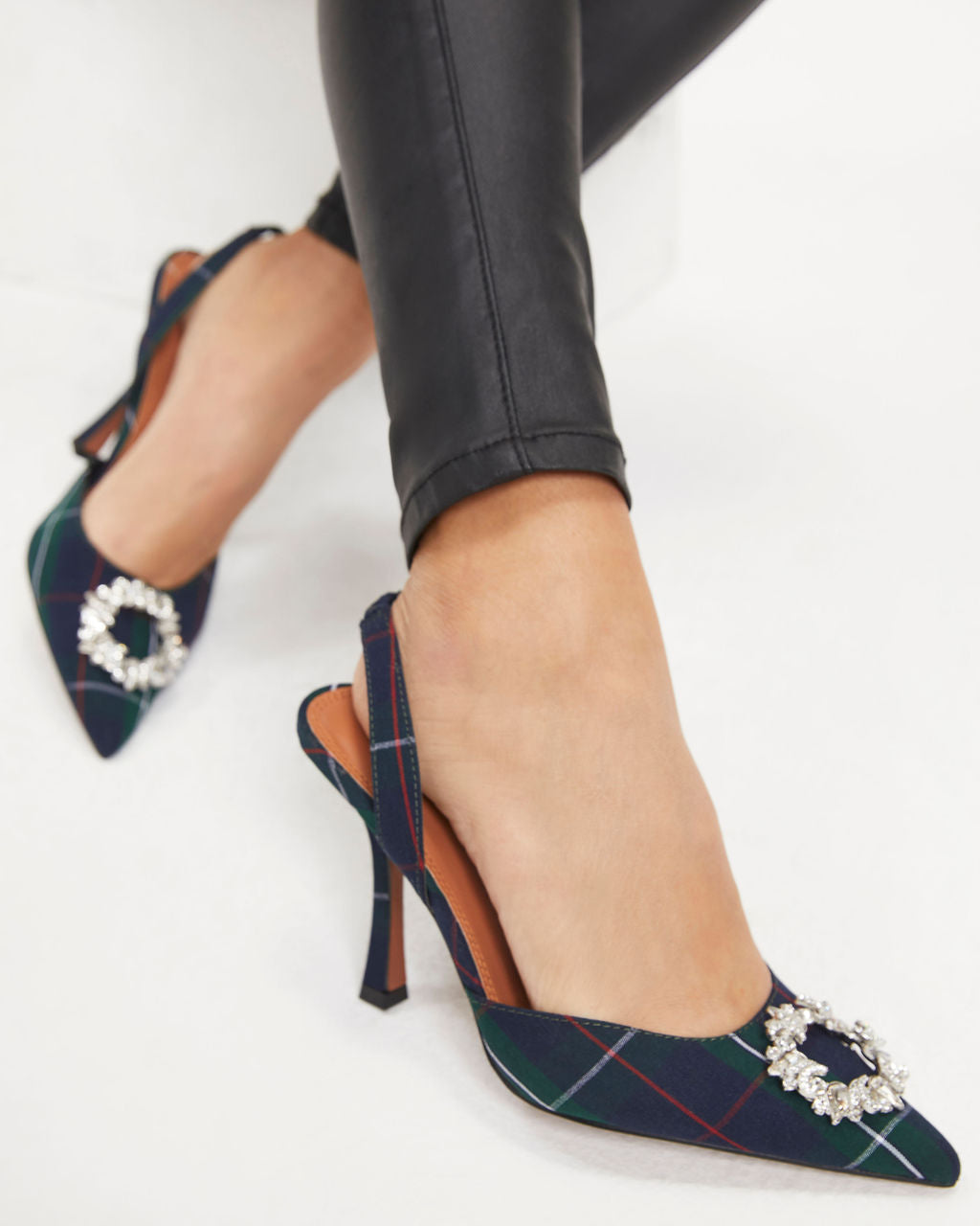 Noella Plaid Embellished Slingback Heel