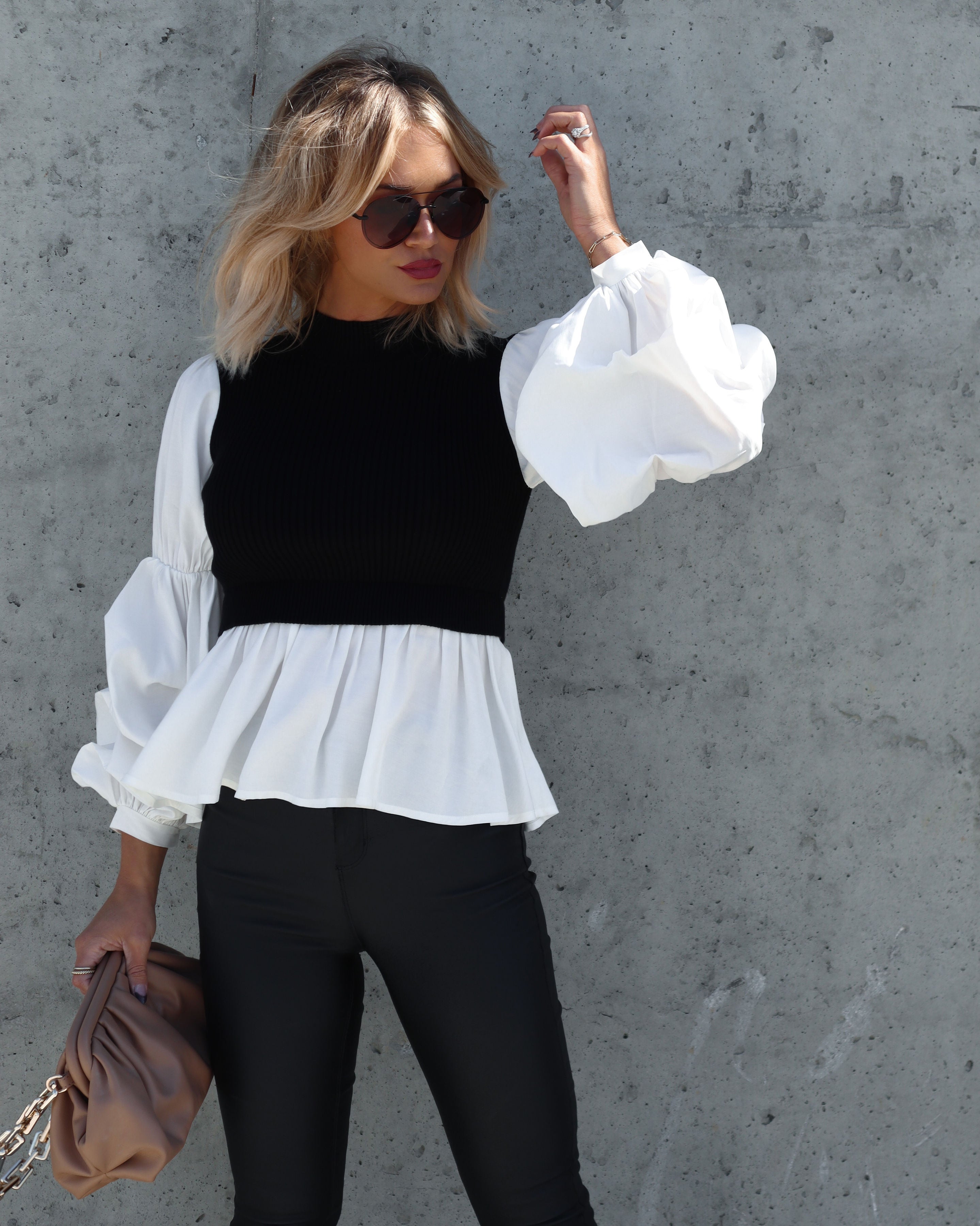 All The Best Contrast Knit Puff Sleeve Top - Black