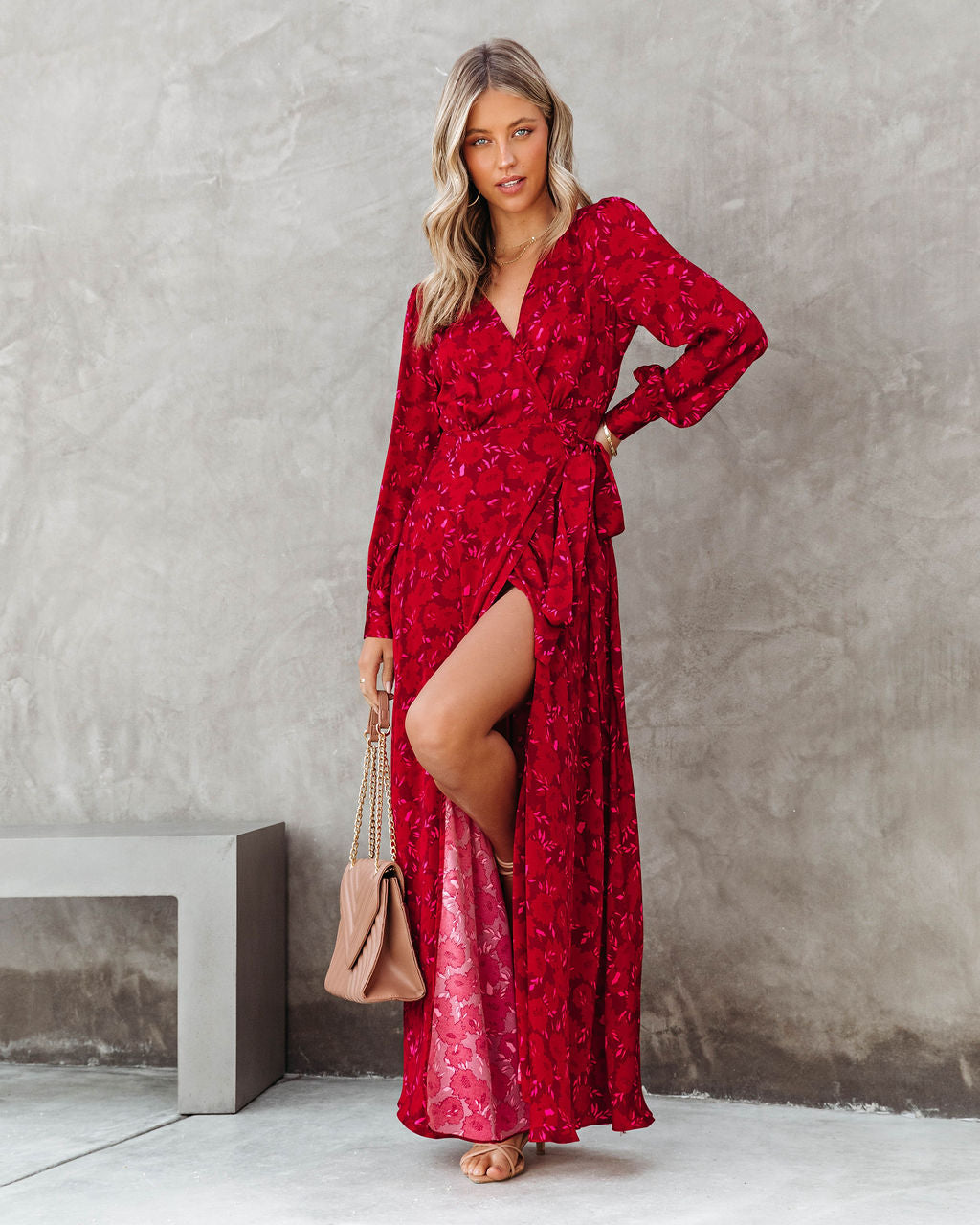 Lucia Satin Floral Wrap Maxi Dress - Red